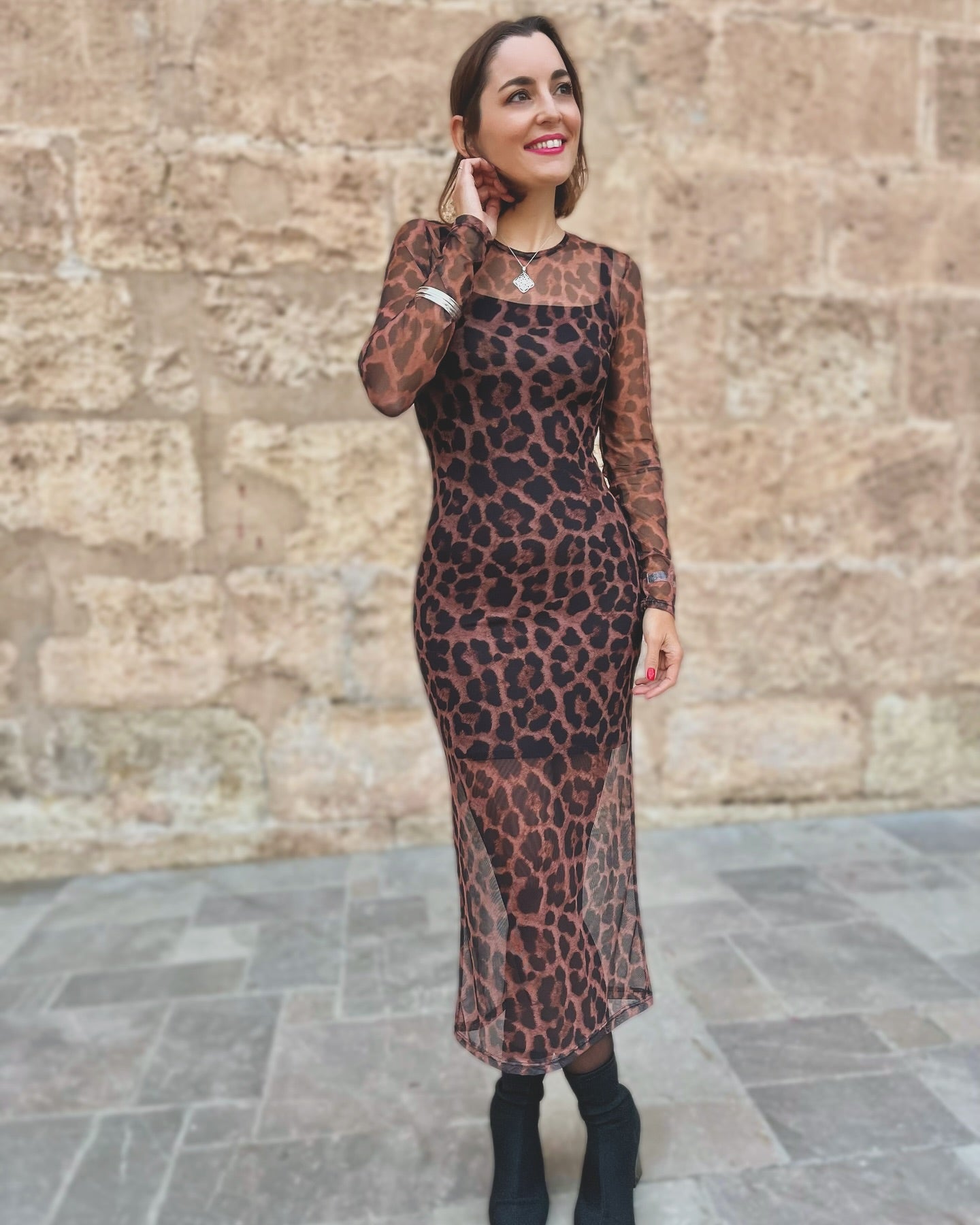 Vestido midi tul estampado animal print