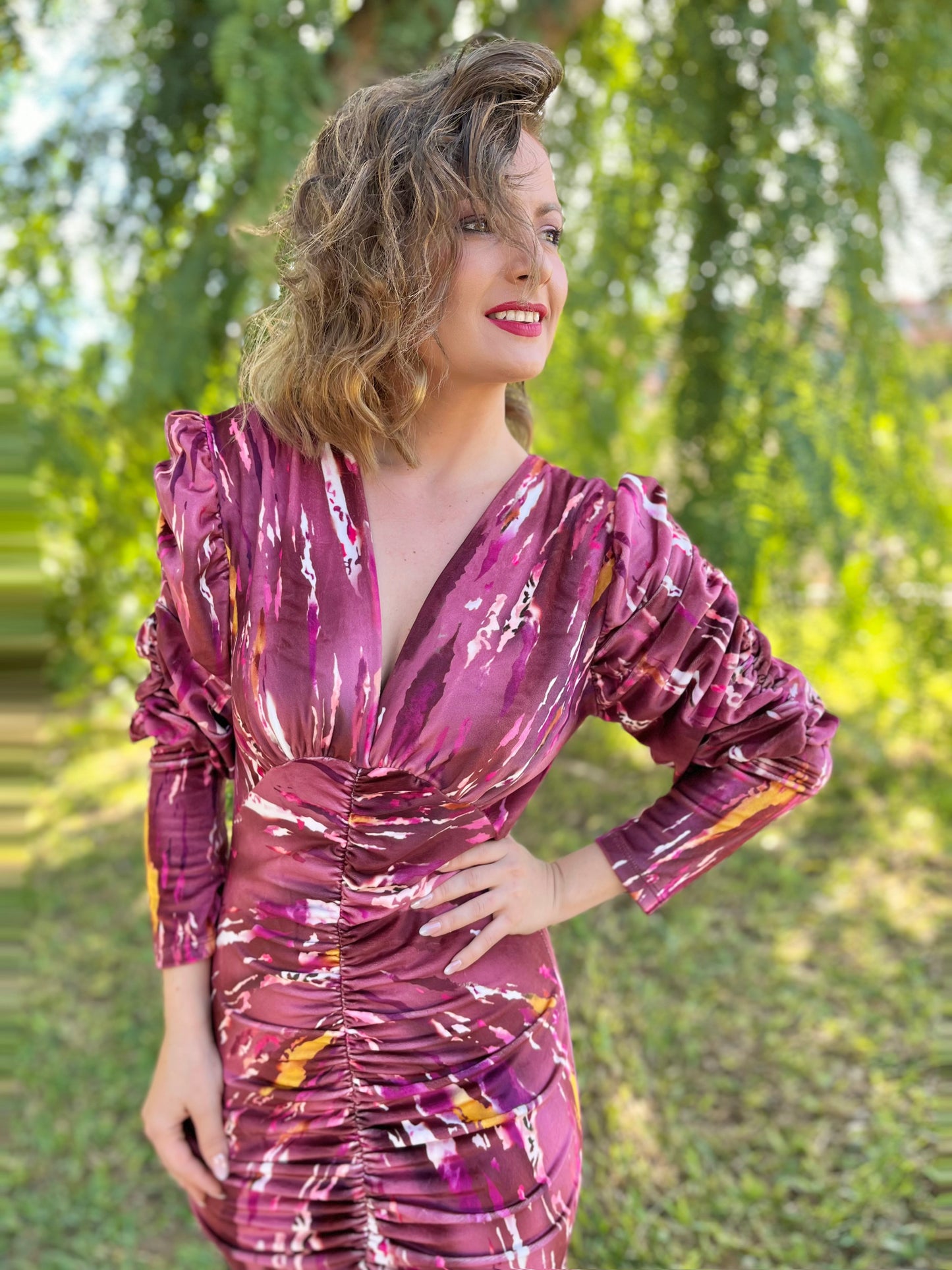 Vestido midi frunce estampado